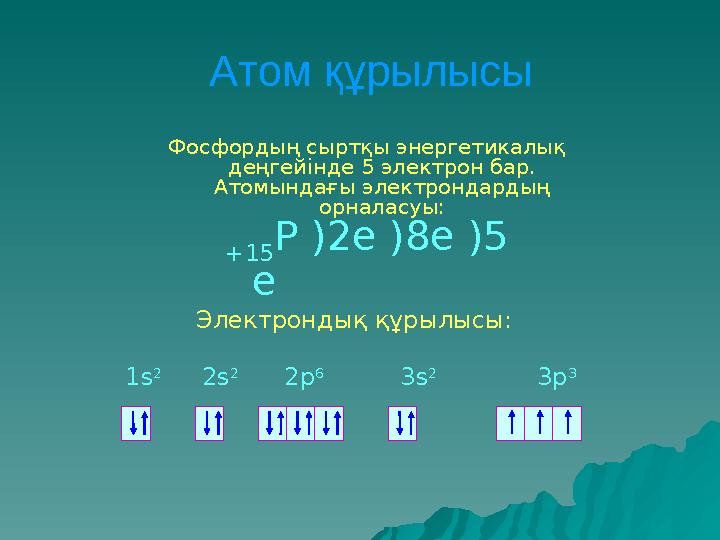 Атом құрылысы Фосфордың сыртқы энергетикалық деңгейінде 5 электрон бар. Атомындағы электрондардың орналасуы: Электрондық құры