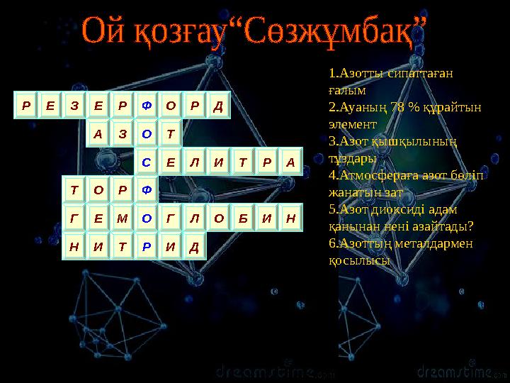 1.Азотты сипаттаған ғалым 2.Ауаның 78 % құрайтын элемент 3.Азот қышқылының тұздары 4.Атмосфераға азот бөліп жанатын зат 5.Аз