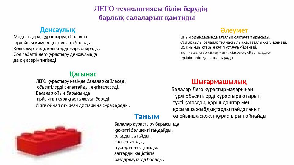 ЛЕГО технологиясы білім берудің барлық салаларын қамтиды Қатынас ЛЕГО құрастыру кезінде балалар сөйлеседі, обьектілерді