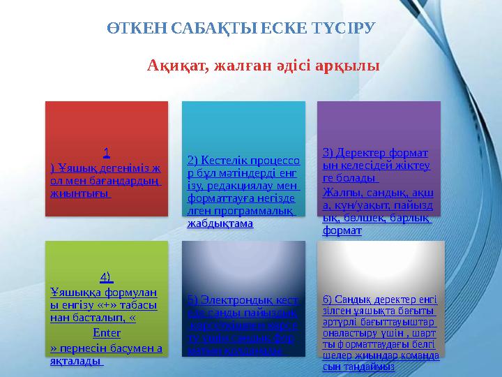 ӨТКЕН САБАҚТЫ ЕСКЕ ТҮСІРУ Ақиқат, жалған әдісі арқылы 2) Кестелік процессо р бұл мәтіндерді енг ізу, редакциялау мен форматта