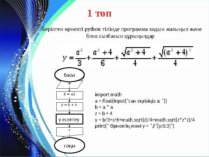 import math a = float(input(" сан еңгізіңіз a: ")) b = a * a z = b + 4 y = b/3+z/6+math.sqrt(z)/4+math.sqrt(z*z*z)/4 print(" Ө