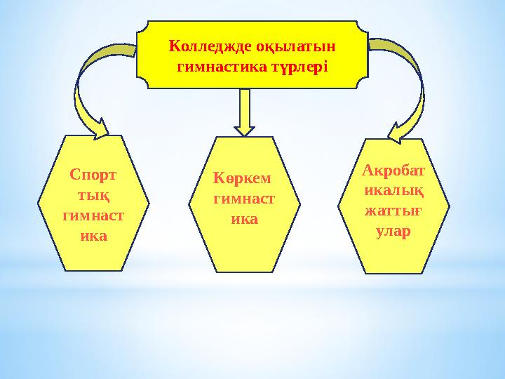 Спорт тық гимнаст ика Колледжде оқылатын гимнастика түрлері Көркем гимнаст ика Акробат икалық жаттығ улар