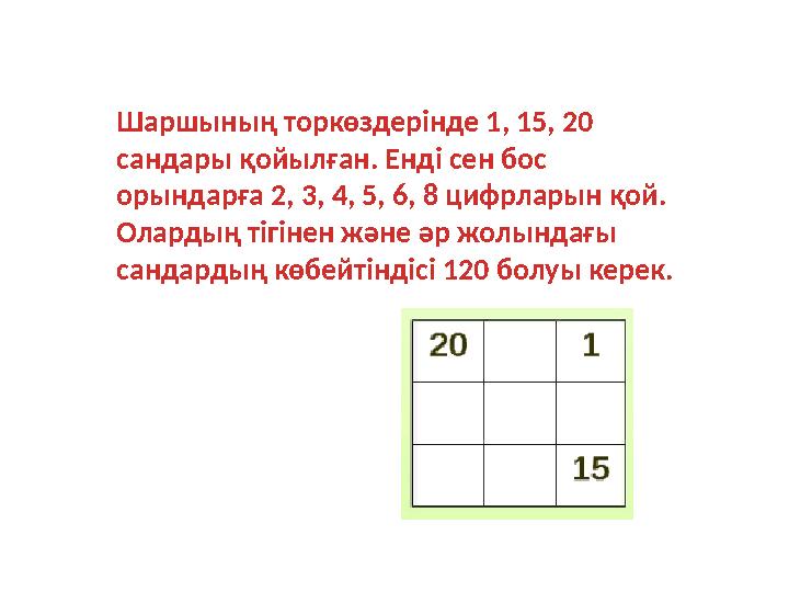 Шаршының торкөздерінде 1, 15, 20 сандары қойылған. Енді сен бос орындарға 2, 3, 4, 5, 6, 8 цифрларын қой. Олардың тігінен жән