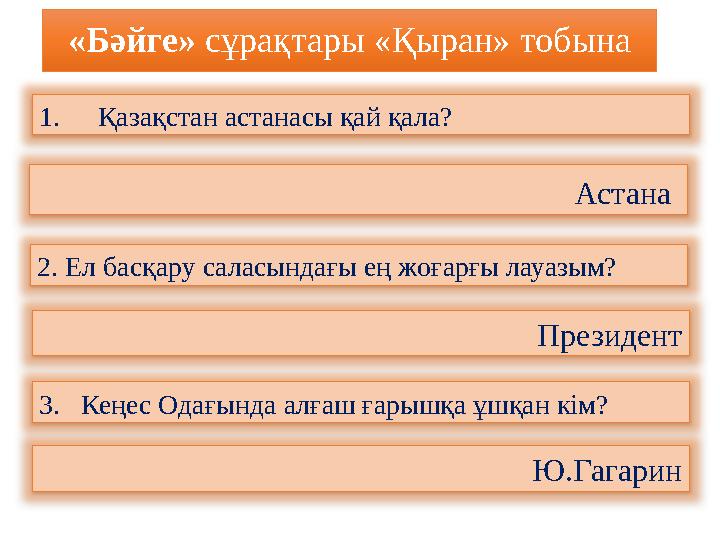 «Бәйге» сұрақтары «Қыран» тобына 1. Қазақстан астанасы қай қала? Астана 2. Ел басқару саласындағы ең жоғарғы лауазым? Прези