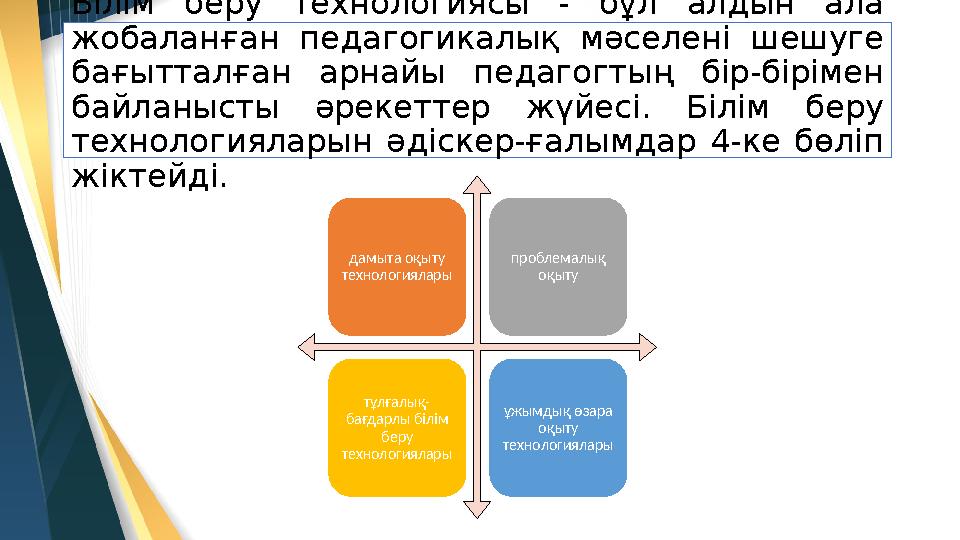 Білім беру технологиясы - бұл алдын ала жобаланған педагогикалық мәселені шешуге бағытталған арнайы педагогтың бір