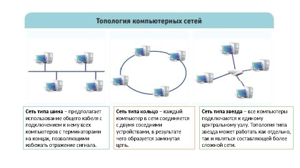 Сеть типа шина – предполагает использование общего кабеля с подключением к нему всех компьютеров с терминаторами на концах,