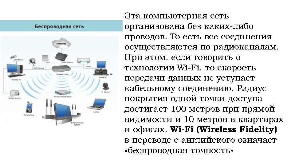Эта компьютерная сеть организована без каких-либо проводов. То есть все соединения осуществляются по радиоканалам. При этом,