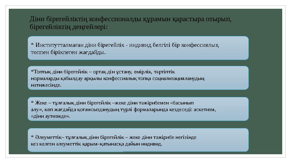 Діни бірегейліктің конфессионалды құрамын қарастыра отырып, бірегейліктің деңгейлері : * Институтталмаған діни бірегейлік - инд