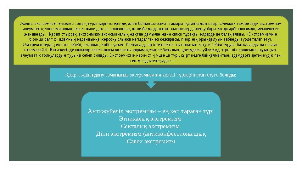 Жалпы экстремизм мәселесі, оның түрлі көріністерінде, әлем бойынша өзекті тақырыпқа айналып отыр. Әлемдік тәжірибеде экстремиз