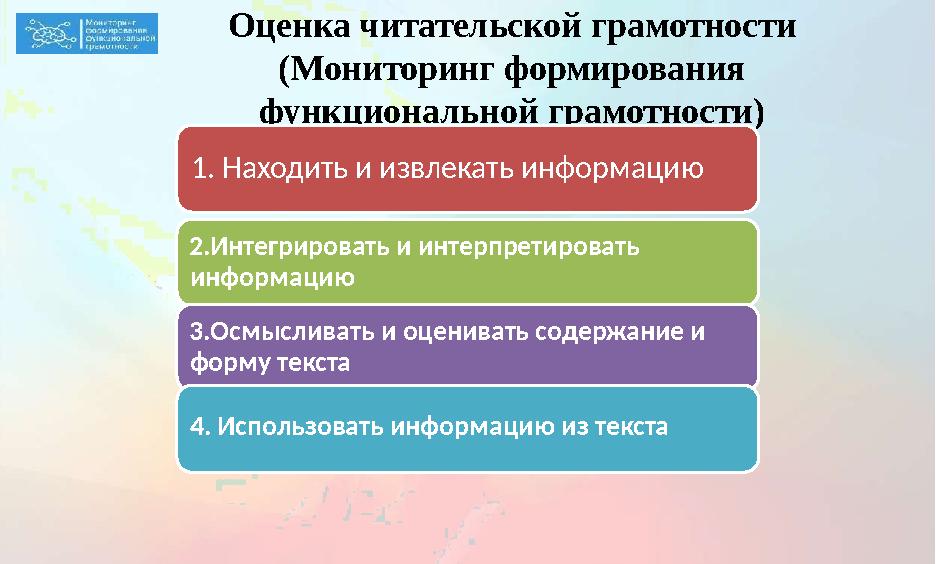 Оценка читательской грамотности (Мониторинг формирования функциональной грамотности) 1. Находить и извлекать информ