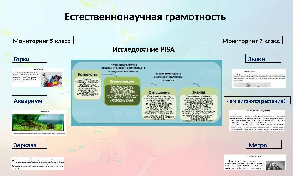 Естественнонаучная грамотность Горки Аквариум Зеркала МетроЧем питаются растения?ЛыжиМониторинг 5 класс Мониторинг 7 кл