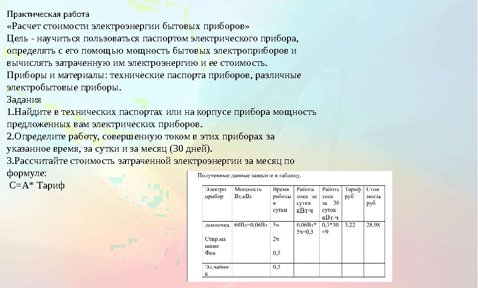 Практическая работа «Расчет стоимости электроэнергии бытовых приборов» Цель - научиться пользоваться паспортом электрического п