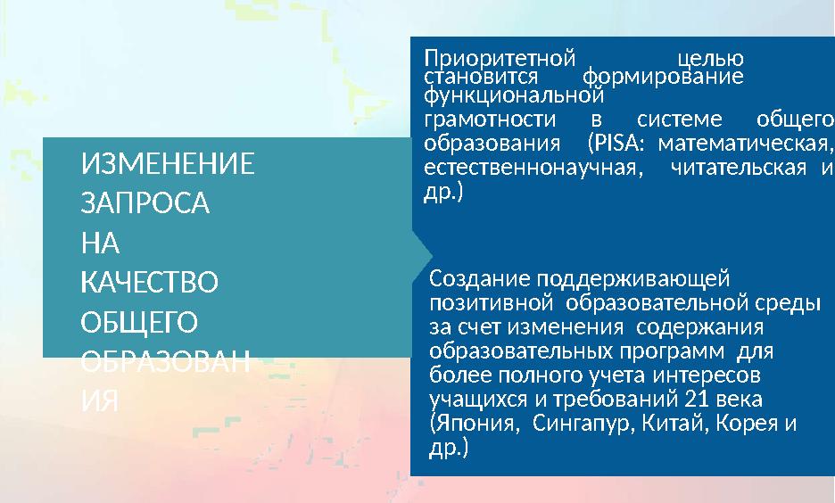 Приоритетной целью становится формирование функциональной грамотности в системе общего образования (PISA: математ