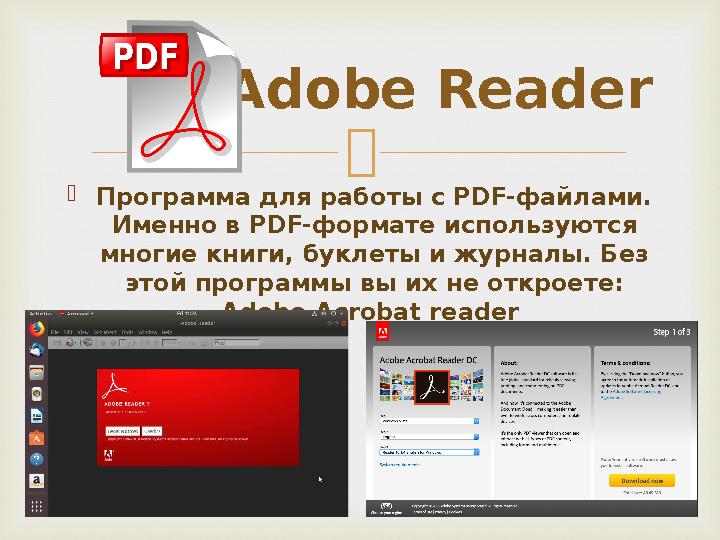   Программа для работы с PDF-файлами. Именно в PDF-формате используются многие книги, буклеты и журналы. Без этой программы