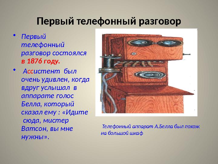 Первый телефонный разговор • Первый телефонный разговор состоялся в 1876 году. • А сс истент был очень удивлен, когда вд