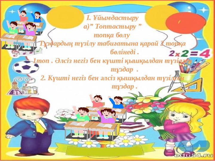 I . Ұйымдастыру а)” Топтастыру ” топқа бөлу Тұздардың түзілу табиғатына қарай 2 топқа бөлінеді . 1топ . Әлсіз негіз бен күшті