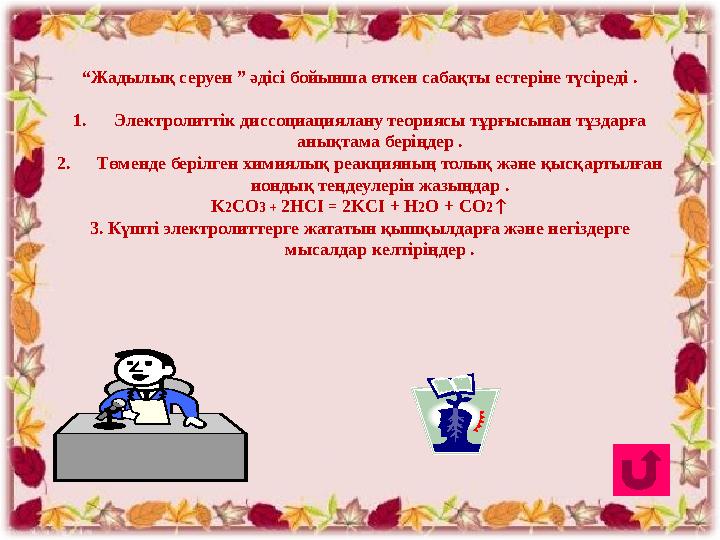 “ Жадылық серуен ” әдісі бойынша өткен сабақты естеріне түсіреді . 1. Электролиттік диссоциациялану теориясы тұрғысынан тұздарға