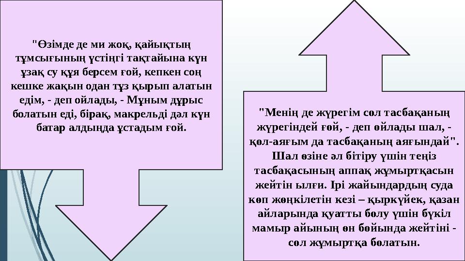 "Менің де жүрегім сол тасбақаның жүрегіндей ғой, - деп ойлады шал, - қол-аяғым да тасбақаның аяғындай". Шал өзіне әл бітіру ү