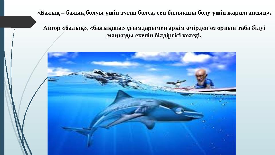 «Балық – балық болуы үшін туған болса, сен балықшы болу үшін жаралғансың». Автор «балық», «балықшы» ұғымдарымен әркім өмірден өз