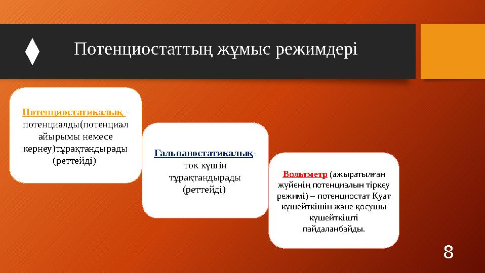 Потенциостаттың жұмыс режимдері 8Потенциостатикалық - потенциалды(потенциал айырымы немесе кернеу)тұрақтандырады (реттейді)