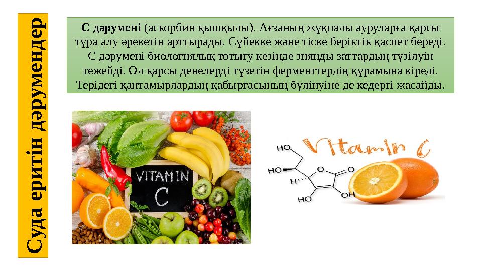 С у д а е р и т і н д ә р у м е н д е рС дәрумені (аскорбин қышқылы). Ағзаның жұқпалы ауруларға қарсы тұра алу әрекетін ар