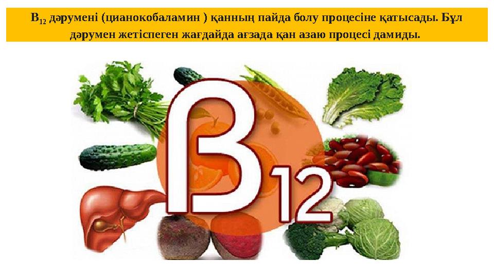 В 12 дәрумені (цианокобаламин ) қанның пайда болу процесіне қатысады. Бұл дәрумен жетіспеген жағдайда ағзада қан азаю процесі