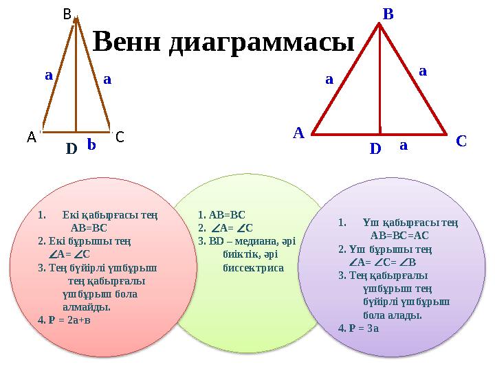 Венн диаграммасы A B C B A C DD aaa a a b 1. Ек і қабырғасы тең АВ = ВС 2. Екі бұрышы тең  А=  С 3 . Тең бү