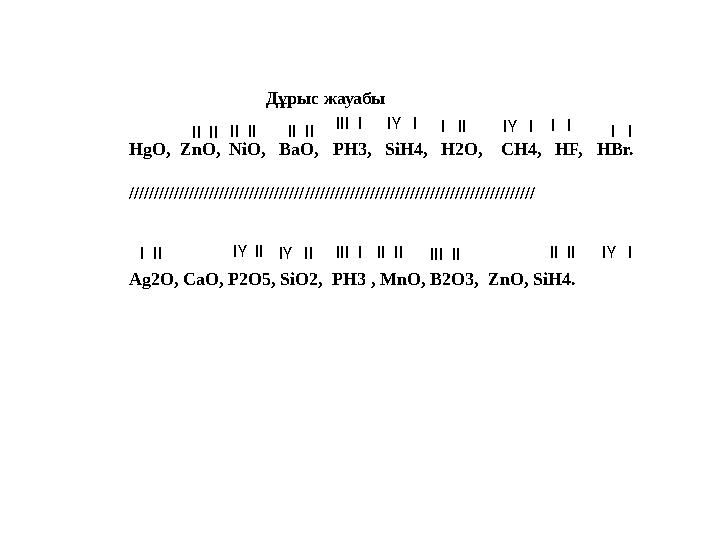 HgO, ZnO, NiO, BaO, PH3, SiH4, H2O, CH4, HF, HBr. ///////////////////////////////////////////////////////////