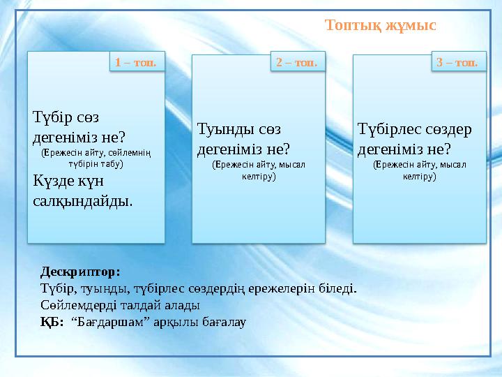 Топтық жұмыс Түбір сөз дегеніміз не? (Ережесін айту, сөйлемнің түбірін табу) Күзде күн салқындайды. Туынды сөз дегеніміз не?