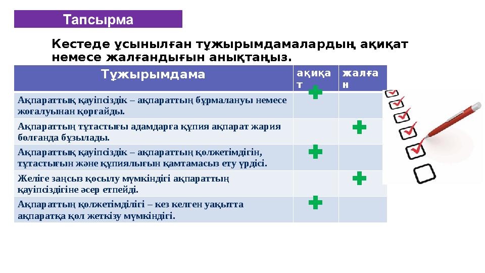 Кестеде ұсынылған тұжырымдамалардың ақиқат немесе жалғандығын анықтаңыз. Тұжырымдама ақиқа т жалға н Ақпараттық қауіпсіздік –