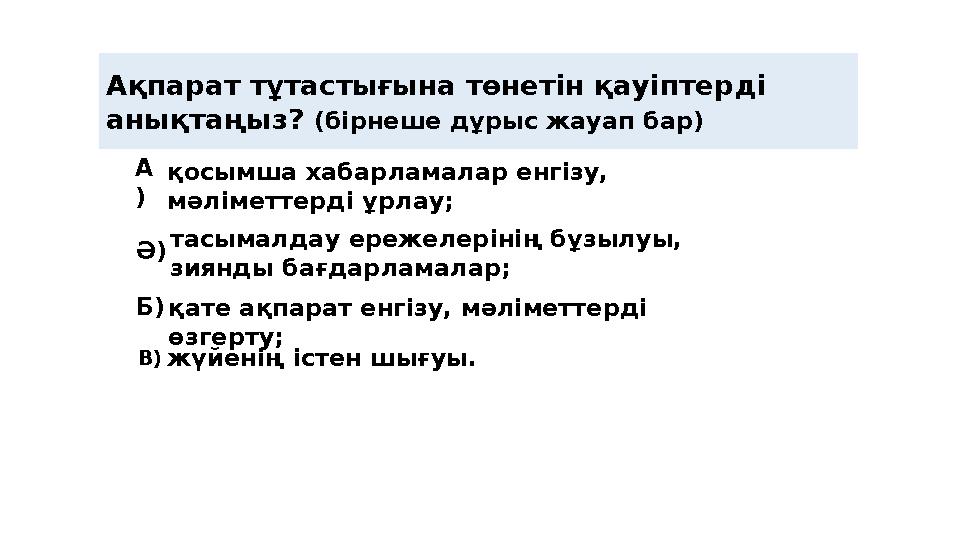 Ақпарат тұтастығына төнетін қауіптерді анықтаңыз? (бірнеше дұрыс жауап бар) А ) Ә ) Б ) қосымша хабарламалар енгізу, мәліме