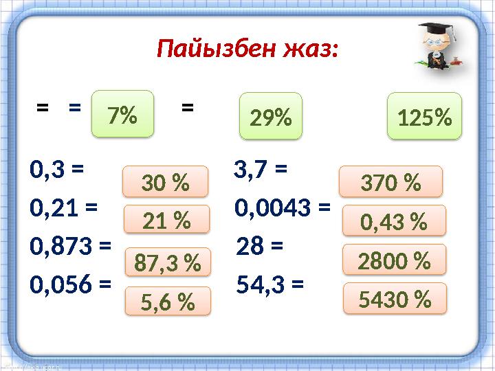 Пайызбен жаз: = = = 0,3 = 3,7 = 0,21 = 0,0043 = 0,873 =