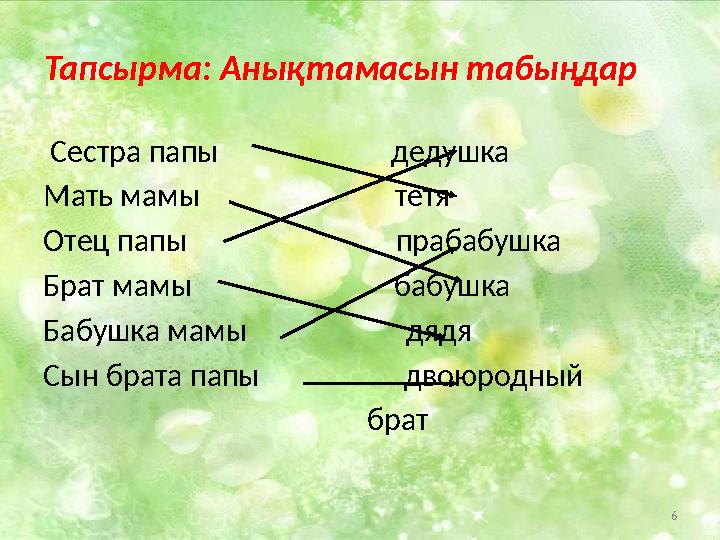 6Тапсырма: Анықтамасын табыңдар Сестра папы дедушка Мать мамы тетя Отец папы