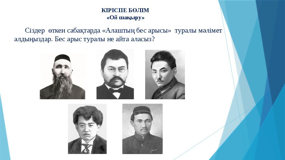 Сіздер өткен сабақтарда «Алаштың бес арысы» туралы мәлімет алдыңыздар. Бес арыс туралы не айта аласыз? КІРІСПЕ БӨЛІМ «Ой шақ