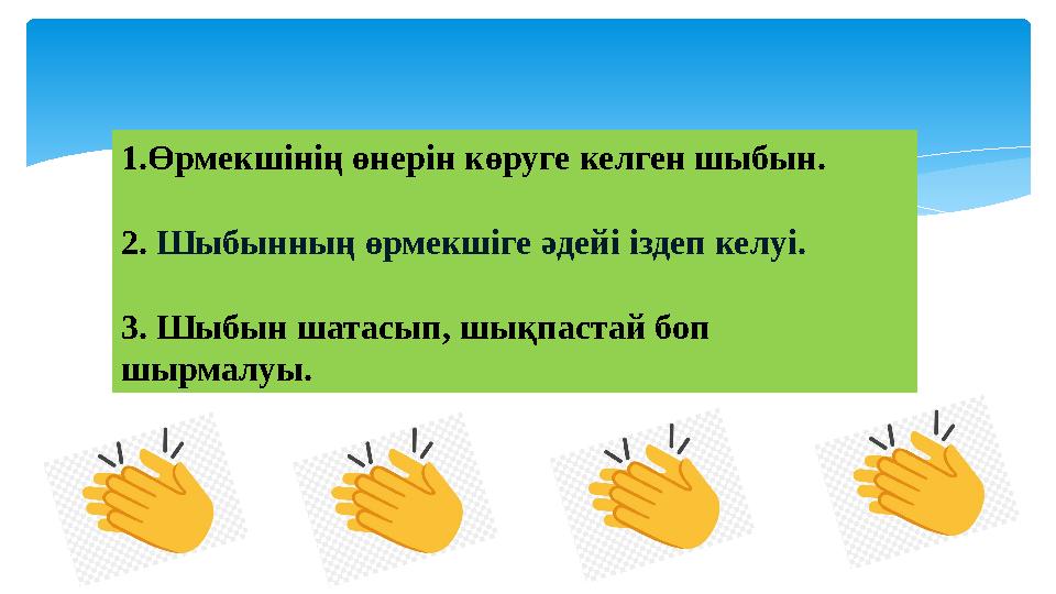 1.Өрмекшінің өнерін көруге келген шыбын. 2. Шыбынның өрмекшіге әдейі іздеп кел уі . 3. Шыбын шатасып, шықпастай боп шырмалуы.