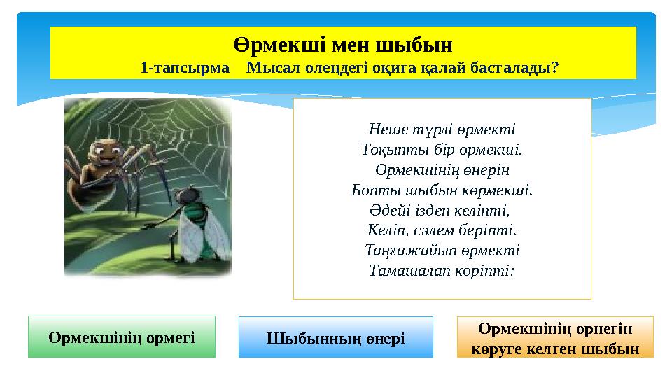 Неше түрлі өрмекті Тоқыпты бір өрмекші. Өрмекшінің өнерін Бопты шыбын көрмекші. Әдейі іздеп келіпті, Келіп, сәлем беріпті. Таңғ