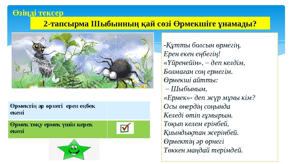 -Құтты болсын өрмегің, Ерен екен еңбегің! «Үйренейін», – деп келдім, Болмаған соң ермегім. Өрмекші айтты: – Шыбыным, «Ермек»-