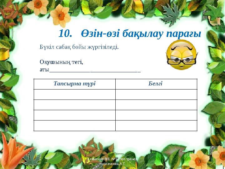 10. Өзін-өзі бақылау парағы Бүкіл сабақ бойы жүргізіледі. Оқушының тегі, аты_____________________________ Тапсырма түрі Белг