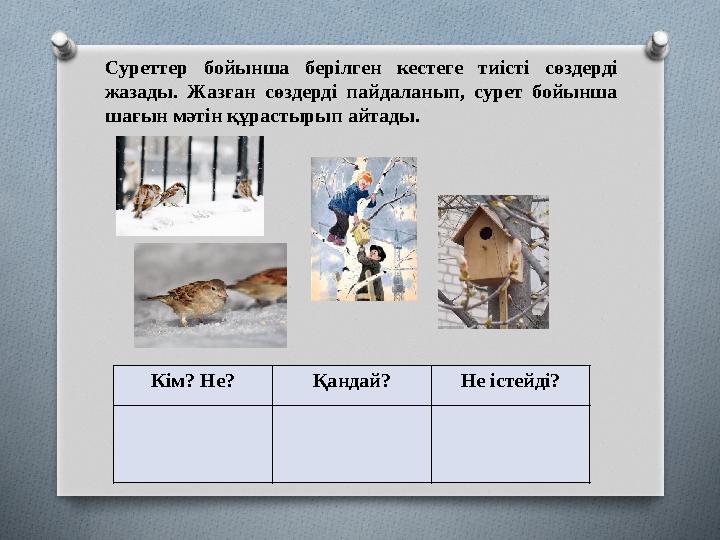 Кім? Не? Қандай? Не істейді? Суреттер бойынша берілген кестеге тиісті сөздерді жазады. Жазған сөздерді пайдаланып,