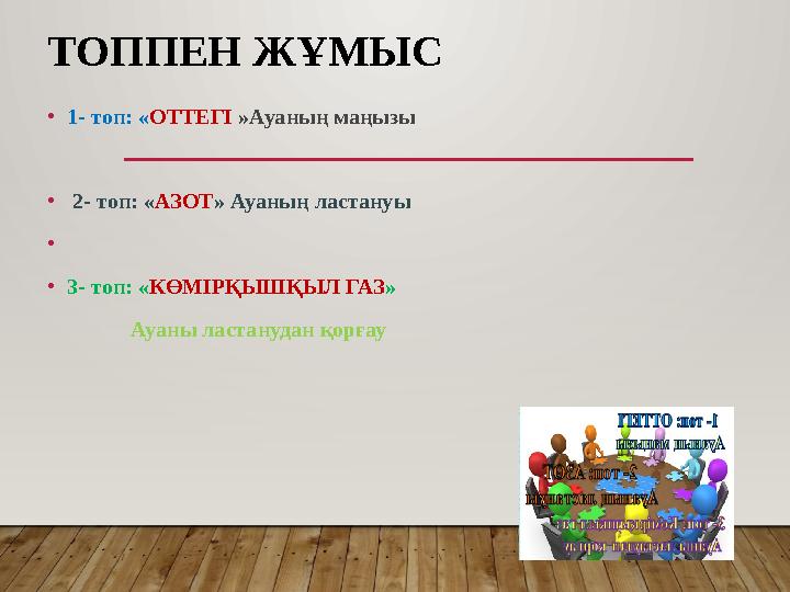 ТОППЕН ЖҰМЫС • 1- топ: « ОТТЕГІ »Ауаның маңызы • 2- топ: « АЗОТ » Ауаның ластануы • • 3- топ: « КӨМІРҚЫШҚЫЛ ГАЗ »