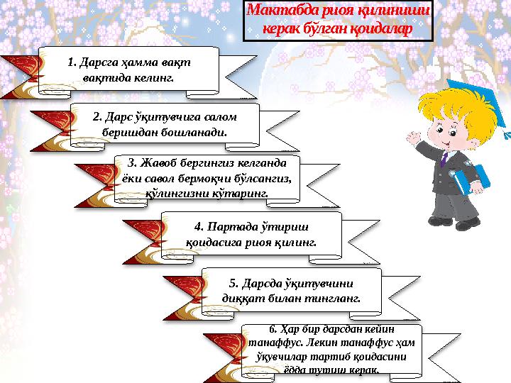 Мактабда риоя қилиниши керак бўлган қоидалар 1. Дарсга ҳамма вақт вақтида келинг. 2. Дарс ўқитувчига салом беришдан бошланад