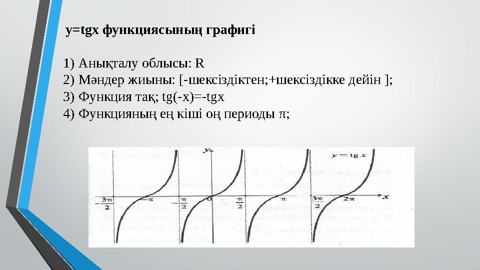 y=tgx функциясының графигі 1) Анықталу облысы: R 2) Мәндер жиыны: [-шексіздіктен;+шексіздікке дейін ]; 3) Функция тақ; tg(-х