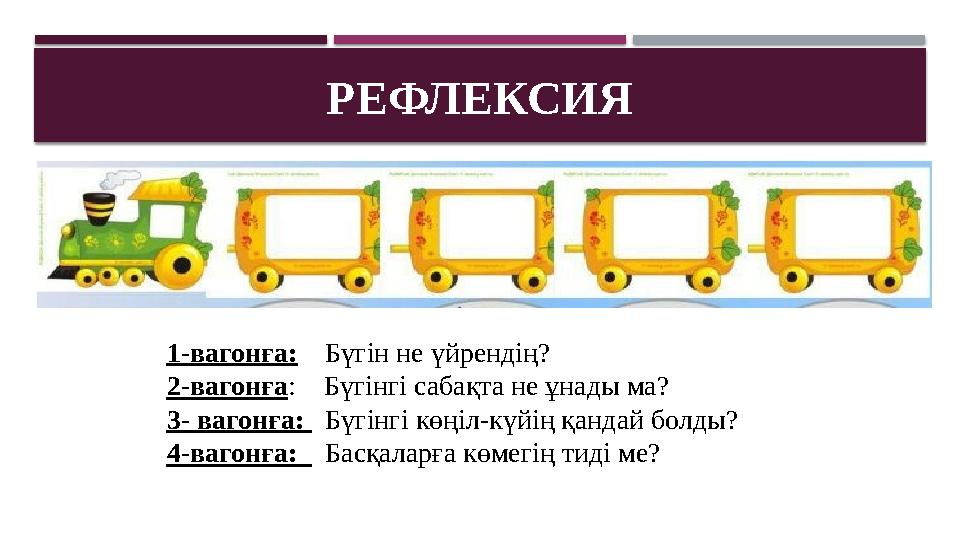 РЕФЛЕКСИЯ 1-вагонға: Бүгін не үйрендің? 2-вагонға : Бүгінгі сабақта не ұнады ма? 3- вагонға: Бүгінгі көңіл-күйің қанд