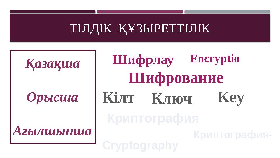 ТІЛДІК ҚҰЗЫРЕТТІЛІК Қазақша Орысша Ағылшынша Шифрлау Encryptio Шифрование Кілт Ключ Key Криптография Криптография- Cryptography