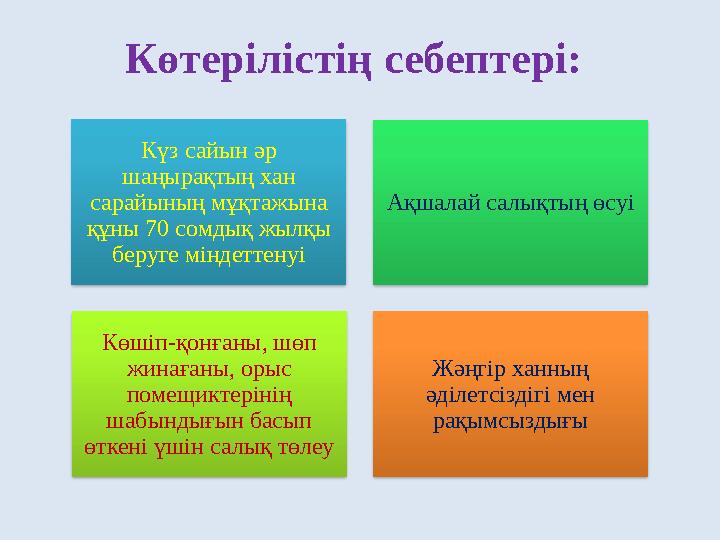 Көтерілістің себептері: Күз сайын әр шаңырақтың хан сарайының мұқтажына құны 70 сомдық жылқы беруге міндеттенуі Ақшалай салы
