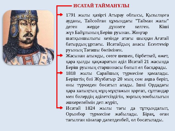 1791 жылы қазіргі Атырау облысы, Қызылқоға ауданы, Тайсойған құмындағы "Тайман жалы" деген жерде дүниеге келген.