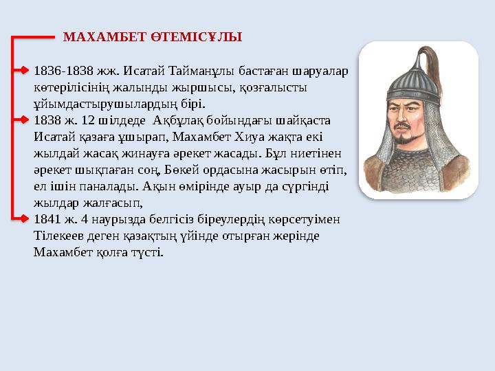 1836-1838 жж. Исатай Тайманұлы бастаған шаруалар көтерілісінің жалынды жыршысы, қозғалысты ұйымдастырушылардың бірі. 1838 ж. 1