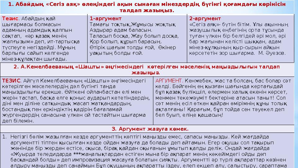 1. Абайдың «Сегіз аяқ» өлеңіндегі ақын сынаған мінездердің бүгінгі қоғамдағы көрінісін талдап жазыңыз. Тезис . Абайдың қай шығ