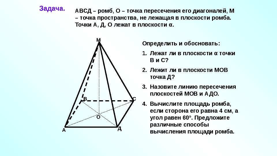 Задача. А В С ДМ ОАВСД – ромб, О – точка пересечения его диагоналей, М – точка пространства, не лежащая в плоскости ромба. Точ