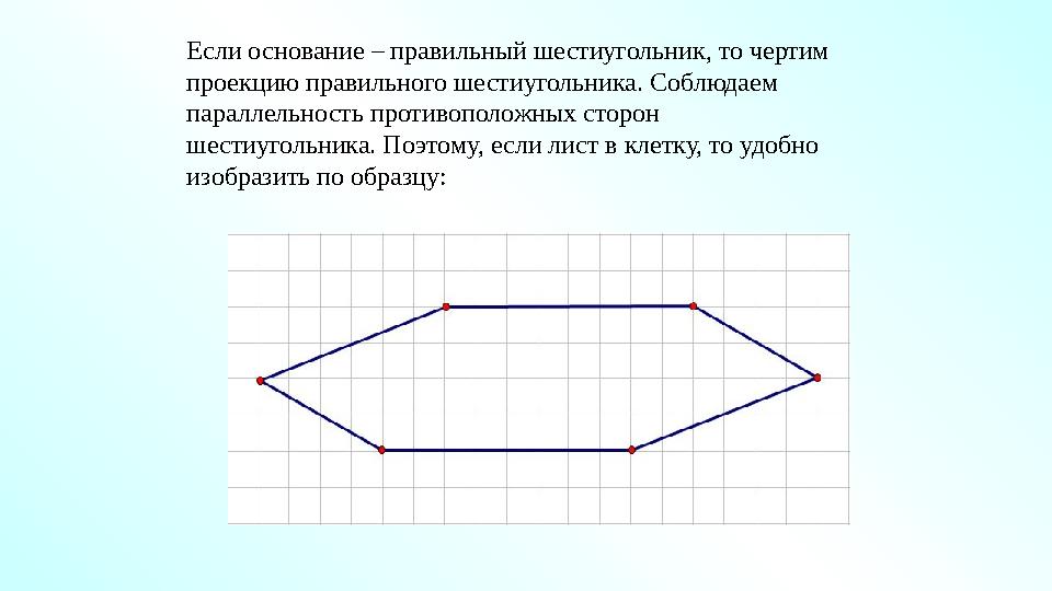 Если основание – правильный шестиугольник, то чертим проекцию правильного шестиугольника. Соблюдаем параллельность противополо